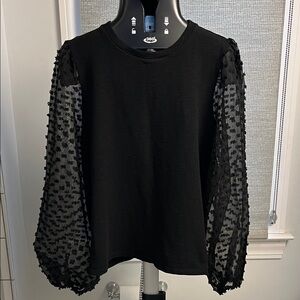 Maeve Black Blouse with Textured Sheer Sleeves